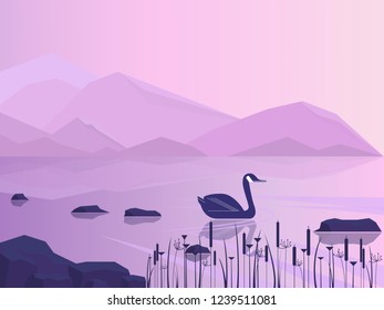 Landscape with lake or bay and mountains on horizon. Goose canada. Canadian nature background with lake and bird. Flat design.