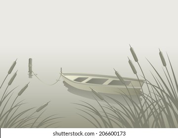 Landscape with lake, boat, reeds silhouette in the water