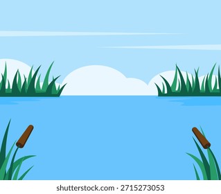 Paisaje de un lago con nubes y vegetación en estilo plano. existencias de Vector