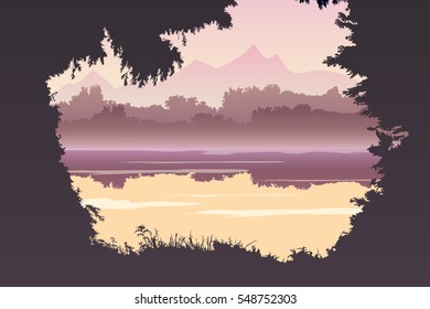 Landscape with a lake. Flat color landscape. Vector illustration