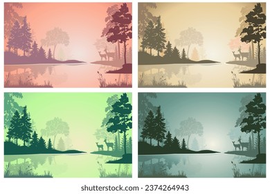 Landscape with lake, forest, fallow deer silhouettes, sunset, sunrise. Set of four colors, vector illustration.