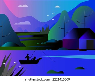 Landscape lake and forest at sunset. A fisherman with a dog in a boat is fishing near the house.