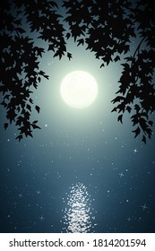 Paisaje con lago enmarcado por ramas en la noche de la luna. Azul misterioso fondo con luna llena en cielo estrellado. Ilustración vectorial vertical para su uso en polígrafía, textil, diseño, decoración interior