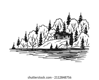 Paisaje, lago, casa y pinos. Ilustración de esbozo dibujada a mano. 