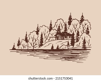 Landscape, lake, house and pine trees. Hand drawn sketch illustration. 