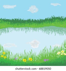 Landscape with lake, meadow, flowers, sky and clouds