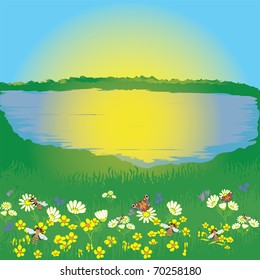 Landscape with lake, meadow, sunrise, flowers, butterfly, bees