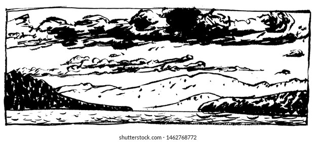 Landscape with a lake, mountains, curly clouds. Black and white vector illustration, useful for packaging design, as a poster, a print on a t-shirt or literature design.