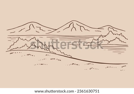 Landscape with lake and mountains. Hand drawn illustration converted to vector.