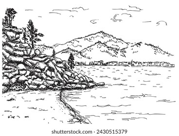 Landscape with lake and mountains sketch. Wild natural landscape with mountains, lake, trees, rocks. Hand drawn vector illustration. Mountains, pine trees forest hand drawing. 