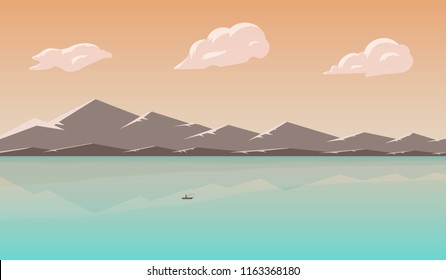 Landscape With Lake And Mountains. Skies, Clouds And Water Pond. Rural Area. Vector Illustration.