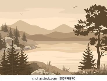 Landscape, Lake, Mountains with Trees, Flowers and Grass, Birds in the Sky Silhouettes. Vector