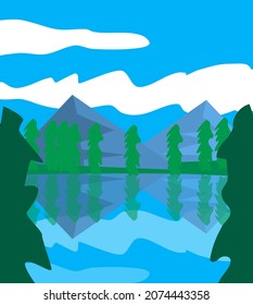 Landscape lake with mountains trees, sky and clouds. Serene and peaceful vector illustration flat image of nature.