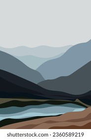 Landscape lake and mountains. Vector illustration. Minimalist, simple and basic poster. Landscape banner in blue tones for art decorations, print for decoration.