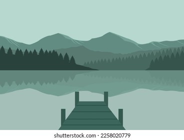 Landscape with lake, mountains and wooden pier. Vector illustration.