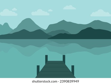 Landschaft mit See und Steg. Vektorgrafik.