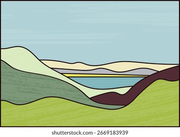 Paisaje con el lago, fondo plano simple del Vector