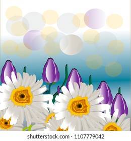 landscape with lake, sky, forest and flowers field. Hand drawn nature background. Painting summer, spring illustration, tulips