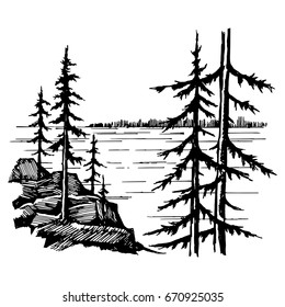 Landscape with lake and spruce forest, sketch of ink-drawn gel pen graphics vector illustration