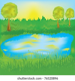 Landscape with lake, sunrise, meadow,trees