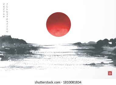 Landscape with lake view and big red sun in asian style hand drawn with sumi ink. Traditional oriental ink painting sumi-e, u-sin, go-hua. Translation of hieroglyph - zen.