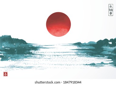 Landscape with lake view with big red sun in asian style. Traditional oriental ink painting sumi-e, u-sin, go-hua. Translation of hieroglyphs - eternity, freedom, happiness, zen