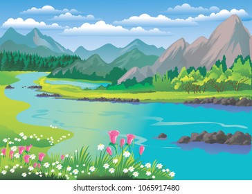 landscape land sky clouds mountain flowers vector river