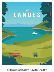 Landscape the Landes region of France is famous for its great beaches. travel to france. vector illustration with color style for travel poster, postcard, card, print.