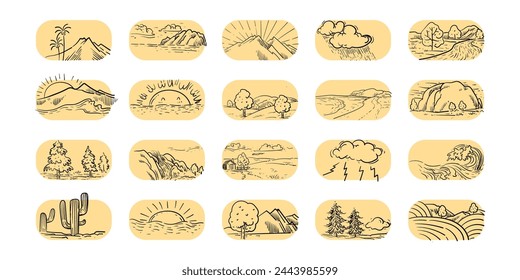 Landscape and landforms icon set. Natural, terrain, line stroke hand drawn.