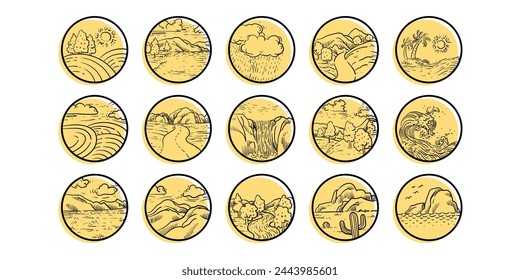 Landscape and landforms icon set. Natural, terrain, line stroke hand drawn.
