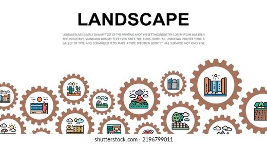 Landscape Landing Page With Colored Icons. Bridge, Forest, Garden, Volcano, Windmill Vector Website Concept Background.