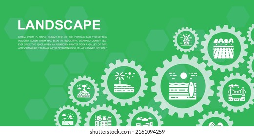 Landscape Landing Page Design Template. Bridge, Forest, Garden, Volcano, Windmill Illustration For Web Banners, Print Materials.