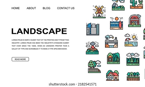 Landscape Landing Page Design Template. Bridge, Forest, Garden, Volcano, Windmill Illustration For Website Design, Business Presentation.