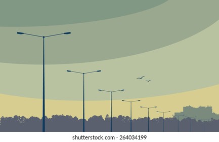 Landscape with lanterns. Vector illustration
