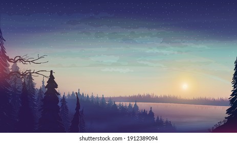 landscape with large lake and pine forest on horizon. Sunset in forest with starry sky