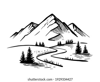 Landscape and large mountains  Nature sketch and road   fir trees  Hand drawn