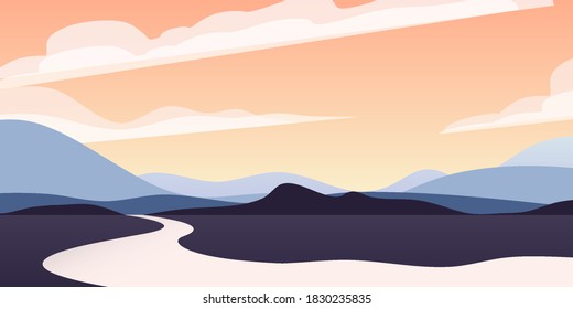 Landscape with a large river running among fields and hills. Background for banner, greeting card, poster. Minimalist style