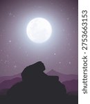 Landscape with large stone on moonlight night. Big moon in starry sky