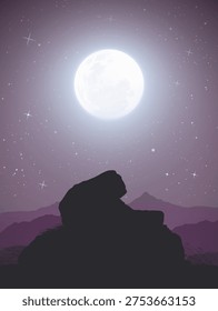 Landscape with large stone on moonlight night. Big moon in starry sky