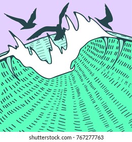 A landscape with  large storm waves and birds with the inscription "surf time". Vector illustration in bright colors.