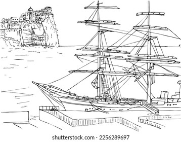 Un paisaje con un gran barco de vela de tres mástiles. Una fragata con velas retraídas, amarrada en el muelle marino, contra el fondo de una roca en un golfo. Esbozo de tinta