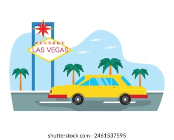 Landschaft von Las Vegas, mit dem Auto fahren und tagsüber das Stadtbild betrachten. Vektorgrafik flache Abbildung. Zeichengestaltung