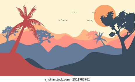 Landscape with layered hills in sunset tones of coral, peach, and navy.Silhouettes panoramic of trees the tranquil art contemporary,tropical vibe under a setting sun.