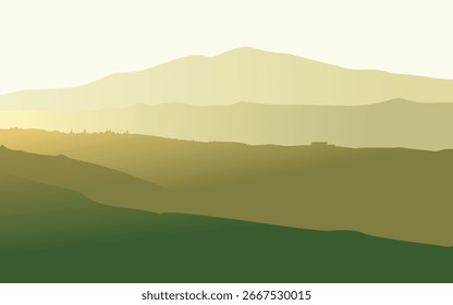  A landscape with layers of mountain ranges in soft yellow-green tones. In the foreground is a green hill. Sunlight illuminates the horizon.

