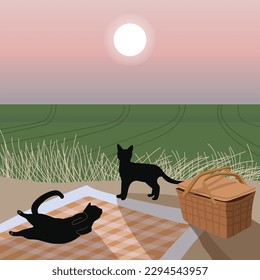 Landscape with a lazy cat resting in farmland. Vector illustration.