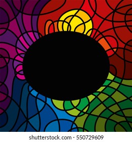 Landscape leadlight illustration with abstract sunset, meadow and water in bright colors. Romantic evening mood tiffany style artwork. Template with black ellipse as space for text or images. Vector.