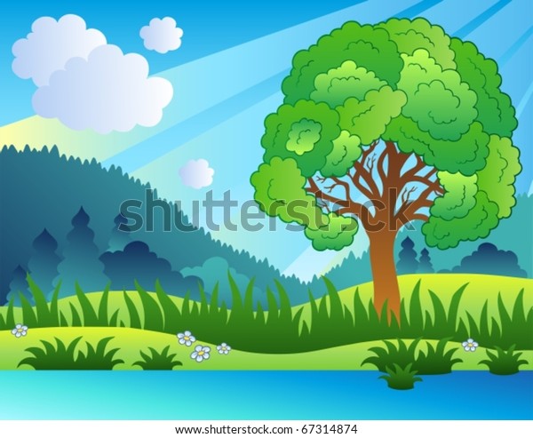 Landscape Leafy Tree Lake Vector Illustration Stock Vector (Royalty ...