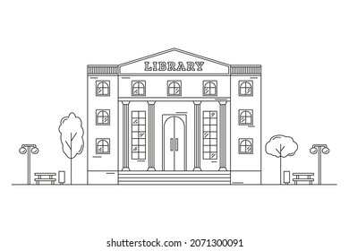 Paisaje con un edificio biblioteca con líneas de contorno. Línea Art. Curso editable. Ilustración vectorial.