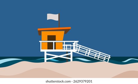 landscape, Lifeguard station on beach, flat color illustration