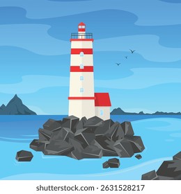 Landscape with a lighthouse and a house on rocks in the water. Coastal lighthouse. Navigation tower.